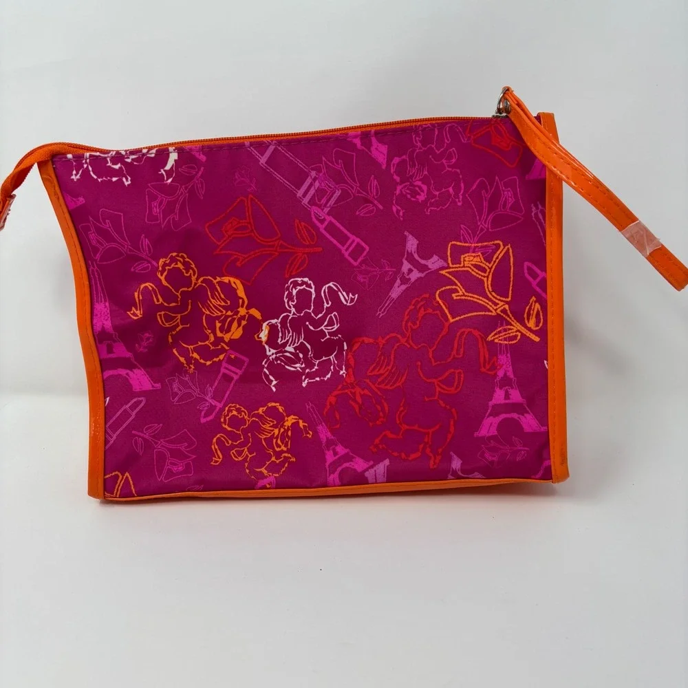 VTG New Lancôme Women's Makeup Bag Travel Case Pink & Orange Border Eiffel Tower